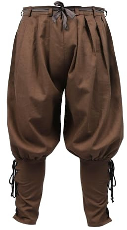 KUOIN Medieval Renaissance Ankle Banded Pants for Men Linen Viking Pirate Navigator Trousers Lace Up Bottoms, Brown, Large