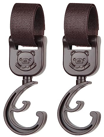 Paquete de 2 clips para cochecito, ganchos para cochecito, ganchos para colgar tus bolsas de compras, bolso o bolsa de cambio en tu cochecito, cochecito o cochecito, ajuste universal, color marrón