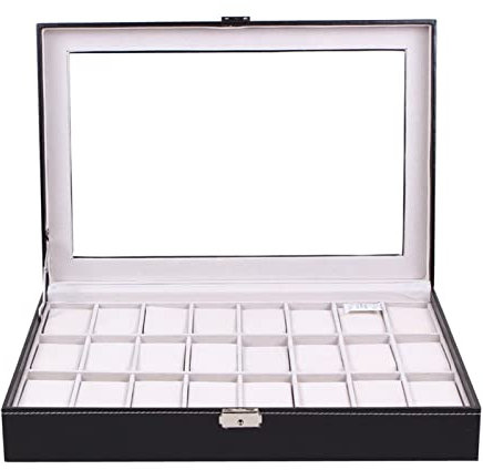 Uhrenbox-Organizer, Uhren-Display-Box, 24 Gitter, Armbanduhr-Aufbewahrungsbox, Organizer-Halter, Pu-Leder, Uhren-Dislpay-Box, Organizer mit transparenter Glasoberfläche, Uhren-Dislpay-Box lofty
