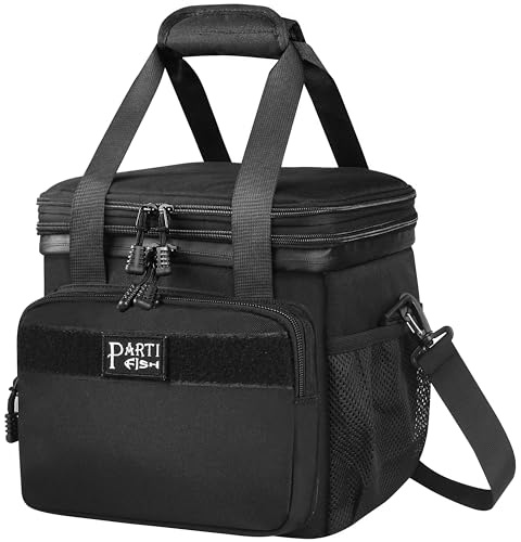 PARTI FISH Bolsa Termica Nevera Portatil Fiambreras Comida Trabajo Mujer Hombre, Mediano 10L 15L 2-Pisos 5-Capas-Material Termico Impermeable Bolsa de Enfriamiento, Pesca Campingaz BBQ Clásico Negro