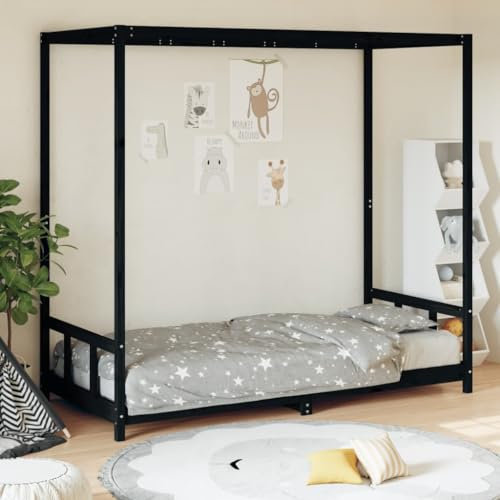 Festnight Hausbett Design 90x200 cm mit Himmelvorrichtung - Vielseitiges Holz Kinderbett 90x200 cm für Jungen & Mädchen - Kinder Haus Bett aus Kiefer Holz Jugendbett Schwarz