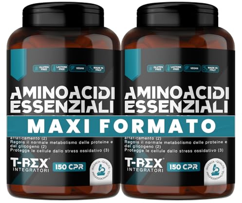 EAA Aminoacidi Essenziali con mix di vitamine B1, B6 ed E - Integratore di amminoacidi naturali vegan ottenuti da fermentazione T-Rex Integratori (Compresse, 300 Unità (Confezione da 2))
