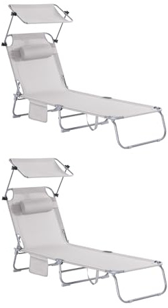 SoBuy 2-er Set Sonnenliege klappbar Gartenliege mit Sonnendach & Kopfkissen & Seitentasche Strandliege für Balkon 155x56x81cm für Gartenmöbel Terrasse Camping Beige OGS48-MIx2