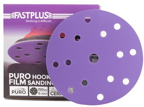 FASTPLUS Purple Ceramic Film 150mm Sanding Discs 15 Hole 1500 Grit | 6 Inch Hook and Loop Wet Dry Abrasive Pads for Car Paint Wood Metal Grinding and Surface Polishing Applications 50 Pack