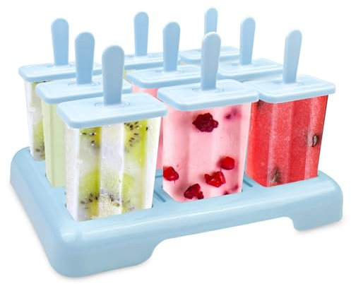 Traxenta 9Pcs moldes helados, reutilizable molde helado, Alimentaria libres de BPA, Incluye cepillo de limpieza y embudo de silicona, para Paletas y Helados Caseros (9 Cavidades-azul)