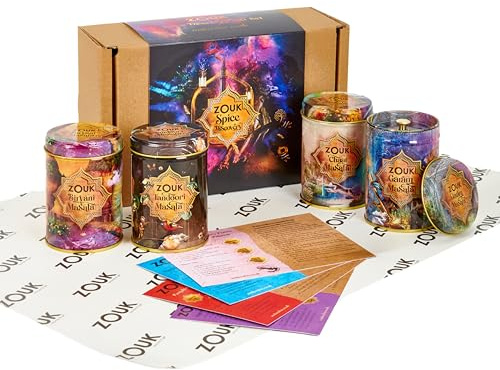 Zouk Spice Curry Kit, 4 x 60g | Indian Spice Blends, Tandoori Masala, Garam Masala, Biryani Masala & Chaat Masala, Perfect for Curry Night, Spice Gift Set