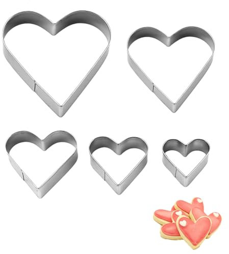 5 piezas de moldes de corazón, cortadores de galletas, moldes para fondant, cortadores de galletas, acero inoxidable, forma de corazón, pequeño, grande, forma de corazón, molde para galletas y frutas