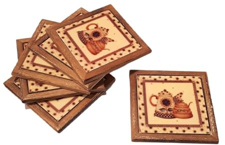 Set 6 piastrelline sottobicchiere in legno e ceramica smaltata 10x10 cm