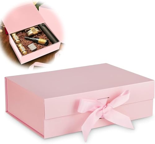 Magnetische Geschenkkarton mit Deckel, Geschenkbox mit Schleife, Wiederverwendbare Geschenk Verpackungsbox,Geeignet für Geburtstage, Hochzeiten, Jubiläen, Weihnachten und mehr (Rosa)