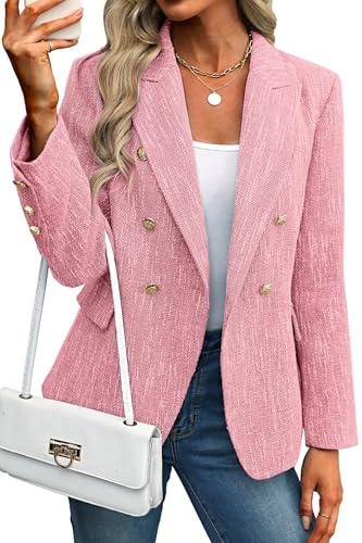 ELLEVEN Women's Tweed Blazers Business Casual - Long Sleeve Double Breasted Jackets Open Front Work Suits, Light Pink, M