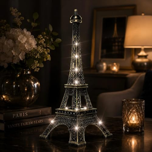 PRETYZOOM Eiffel Tower with Lights, Vintage Metal LED Night Lamp for Desk | Light Up Pari s Architecture Figurine and Desktop Ornament for Bedroom, Living Room, Office, Wedding Table and Romantic Gift