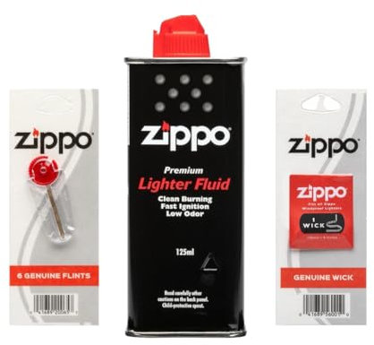 ZYBUX Zippo Lighter Fluid - 125ml Fuel Refill with Genuine Zippo Wick, Windproof Fast Ignition, Low Odour, Easy Refill Nozzle, Universal Fit for Clipper Lighters, Gas Light - 6 Zippo Flints