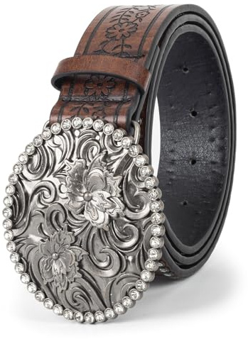 HilyBony Westerngürtel für Damen, Cowboy-Cowgirl-Prägung, PU-Ledergürtel mit gravierter Blumen-Schnalle (für Taille 71,1 - 96,5 cm)
