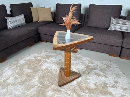 Nachttisch, Couchtisch, Pyramidenförmiger Couchtisch für das Wohnzimmer, natürlicher Walnussbaum, großer moderner Couchtisch aus Holz, dreieckiger dekorativer Tisch mit Glasplatte