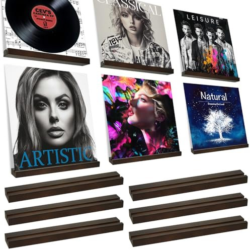 KEYWING Juego de 6 soportes de pared para discos de vinilo de madera, acabado de nogal, exhibición de pared para CD, álbum, almacenamiento de obras de arte, estante de discos de vinilo vintage
