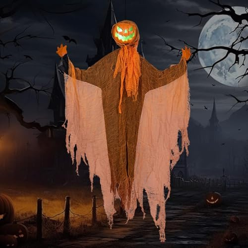 Halloween Deko Kürbis Deko Geister Elektrischer Schüttelkopf Kürbiskopf Dekoration mit LED Licht Hängende Kürbiskopf Laterne für Vorgarten Patio Rasen Halloween Leuchtende Kürbiskopf Geister Deko (A)