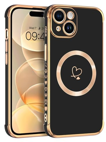 Telaso Magnetische Hülle für iPhone 15 Plus, Handyhülle für iPhone 15 Plus Niedliches Herz Muster [ Kompatibel mit MagSafe ] Weiche Plattierung Abdeckung für Frauen, Schutz der Kamera, Schwarz