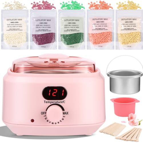 Wax Maschine Waxing Set Frauen,Wachs haarentfernung,Wachswärmermit 5 Packungen Waxing Perlen, 1 Silikonschale und 30 Wachsstäbchen,10 Augenbrauenwachs-Applikatoren wachswärmer gerät Set für Heimsalon