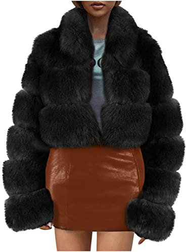 Komiseup Winterjacke Damen, Fleecejacke Damen, Kunstpelz Jacke Mantel Offener Front Crop Wintermantel Kurze Plüschjacke mit Kapuze Elegant Dick Pelzmantel Kunstfell Oberbekleidung Faux Pelz Coat 20