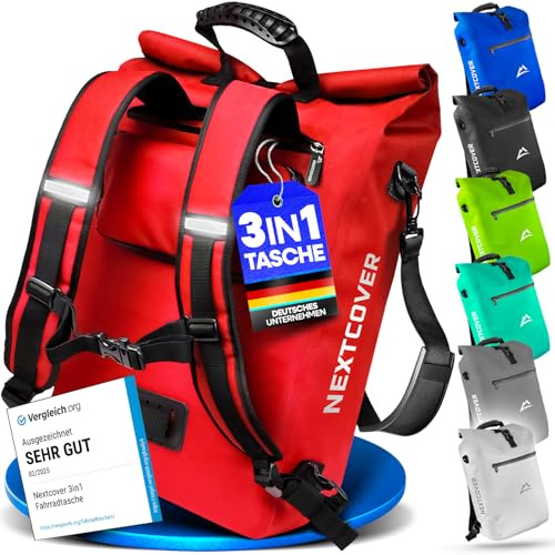 Nextcover® NEU 3in1 Fahrradtasche für Gepäckträger [PVC frei] - Gepäckträgertasche, Fahrradtasche Rucksack und Umhängetasche 25L I Fahrrad Tasche wasserdicht, Fahrradtaschen Gepäckträger