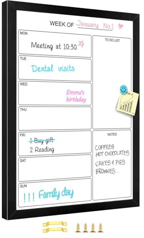 Aitakatta Wöchentlicher Whiteboard-Kalender, trocken abwischbar, magnetische Oberfläche, Memoboard, minimales Design, Wochenplaner für Wand, schwarzer Holzrahmen, trocken abwischbare Tafel für Büro,