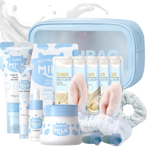 Milk Beauty Gift Sets for Teenage Girls - Milk Skin Care Sets & Kits - Facial Kits for Women with Cleanser,Serum,Cream,Eye Cream,Mask,Scrub,4pcs hair Accessories - Hydrating,Nourish (15pcs)