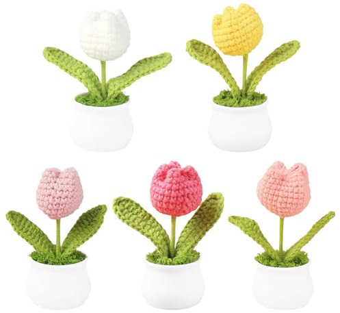 Magicherry 5 mini tulipani all'uncinetto con piante in vaso, graziosi tulipani fatti a mano, per compleanno, festa degli insegnanti, laurea, anniversario, Natale, decorazione per casa, ufficio, auto,