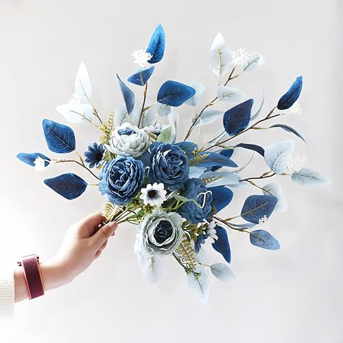 Ximoryn Artificial Flower Bouquet: 5 Faux Peonies with Eucalyptus Leaves (Blue)