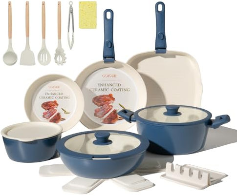 23Pcs Ceramic Cookware Set Non Stick Pots and Pans Set Non Toxic with Detachable Handle Induction Kitchen Cookware Set Space Saving, Oven & Dishwasher Safe, Navy