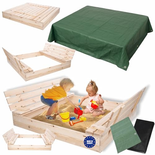 MODO24 Sandkasten mit Deckel, Sitzbänken und Schutzplane, Holzsandkasten, Gartenspielzeug für Kinder, Sandkasten für Garten, Outdoor Sandkasten, Abmessungen 140x137 cm, Farbe: Naturholz (unbehandelt)