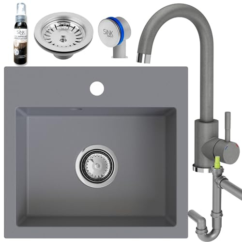 SINK Quality Graue Spüle mit Armatur Set 45 × 42 cm - Spülbecken mit Wasserhahn, Siphon und Imprägnierung - Einbauspüle Komplettset aus Granit - Spüle für Unterschrank ab 45cm