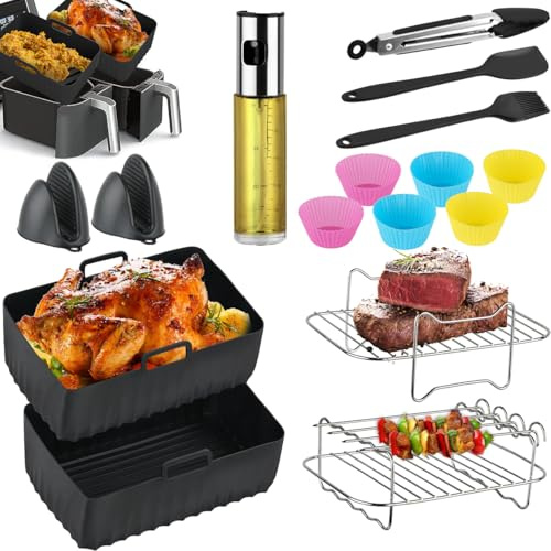 BOPEUY Accesorios Freidora de Aire para Ninja AF400EU 9L, 16piezas Air Fryer Accesorios, Molde Silicona Freidora de Aire,para Ninja y Otras Freidoras de Aire de Doble Zona con una Capacidad de 4.5L/9L