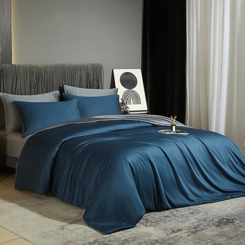 DXHOME Bambus Bettwäsche 135x200cm 4teilig Petrol Blau Dunkelgrau Uni Glatt Luxus Lyocell Glänzend Wende Bettwäsche Sommerbettwäsche Kühlende Bettbezüge mit Reißverschluss und 2 Kissenbezüge 80×80cm