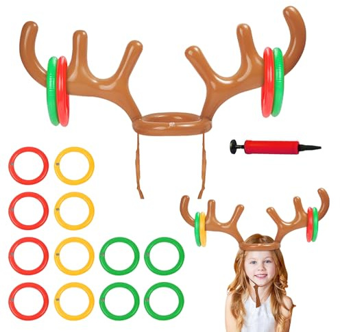 Jeux Lancer Renne,14 PiècesJeu de Lancer d'Anneaux Gonflable,Jeu Lancer Bois Renne,Convient pour Les Fêtes de Noël, Les Jeux de Famille, Les Jeux de Plein Air.