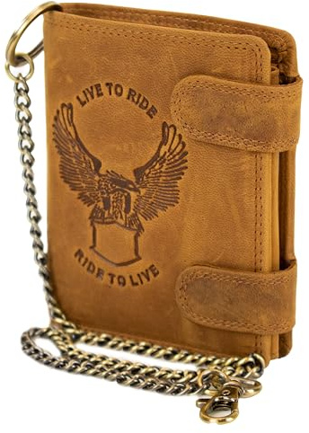 MDM Portafoglio da motociclista da uomo in pelle con catena, in vera pelle, design vintage, con goffratura, formato verticale, Marrone brillante, 10.0 X 12.5 X 2.5 Centimeters, Biker