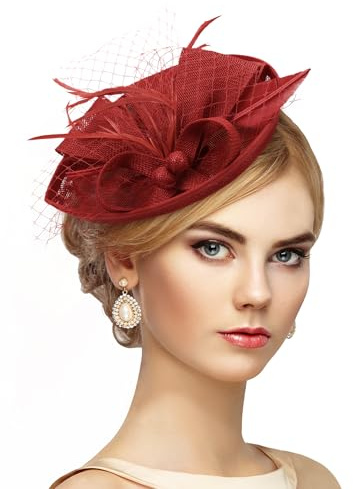 ETOFETE Fascinator Damen Kopfschmuck Karneval Haarreif Fasching Kleiner Teepartyhut 1920er 50er Federn Vintage Mini Victoria Klarrot Eleganzteepartyhüte Frauen