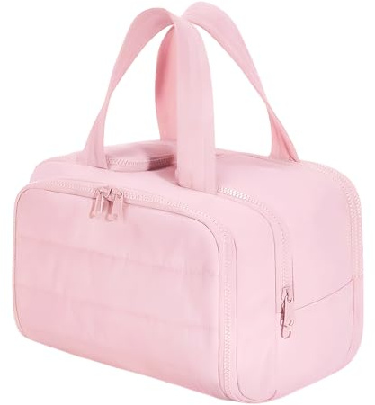 Kulturtasche Damen, Leichte Große Kosmetiktasche Weit Offene Kulturbeutel, Make up Tasche Schminktasch mit Griff, für Zubehör, Essentials, Toilettenartikel (Rosa)