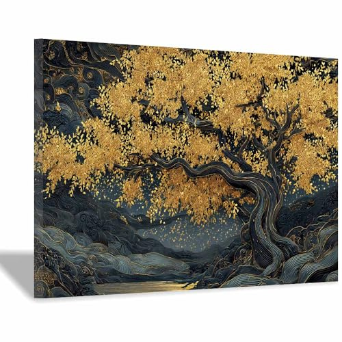 HOQIU stampe su tela Arte dell'albero d'oro, decorazione murale di lusso albero della vita quadri, Quadri in tela, per cucina, soggiorno e bagno(giallo)-70x100cm Incorniciato