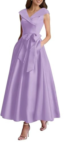 KIYNE Lilac Mother of the Bride Dresses for Wedding with Pockets A Line V Neck Satin Formal Dress Evening Party Gown UK16