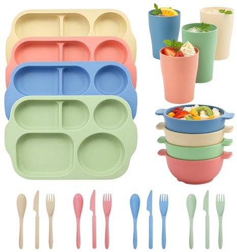 Unbreakable 24-Piece Dinnerware Set for 4 People, 4-Color Divided Plates & Bowls with Cutlery - Reusable Plastic Dishes for Camping, Kids, Outdoor, Dishwasher Safe (Light Series, for 4 People)