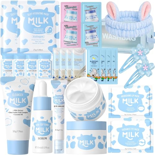 Milk Skin Care Sets & Kits - Milk Beauty Gift Sets for Teenage Girls - Teenage Girls Gifts - Facial Kits for Women - Travel Skincare Set Daily Face Care - Deep Hydrating Smoothing 28PCS (Milk-28PCS)