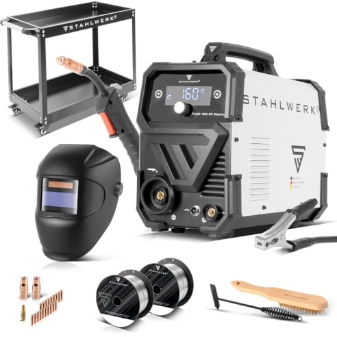 STAHLWERK Soldadora FLUX 160 ST Digital – Equipo completo con carro – Combinada 3 en 1 con 160 A, soldadura con hilo hueco sin gas protector, MMA (Electrodo/ARC), Lift-TIG (DC), hilo sinérgico