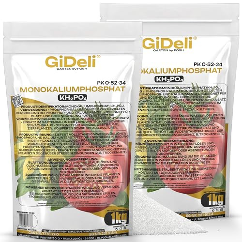 GiDeli Monokaliumphosphat MKP 2 x 1 kg - PK Dünger Pulver für Tomaten | hochkonzentriert 0-52-34, stärkt Blüte und Fruchtansatz, für Beeren Gurken Paprika, chlorfrei
