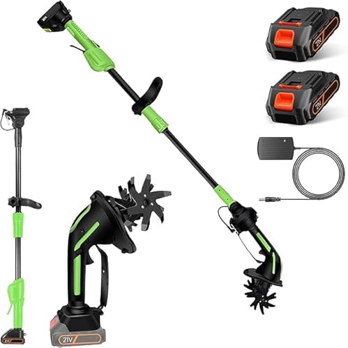 Motocultor eléctrico inalámbrico de 21 V, mini cultivador de jardín con batería de litio, profundidad de trabajo 10 cm, autonomía de 30 minutos, ideal para huerto, huerto y césped (2 baterías 1