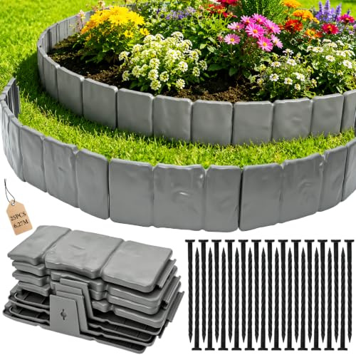 WEXFFU Bordures de Jardin, 25 Pcs Bordure de Pelouse en Fausse Pierre, Bordure Jardin Exterieur Pierre, Bordures de Jardin Flexible Plastique, Facile à Installer pour Allée Pelouse Parterre