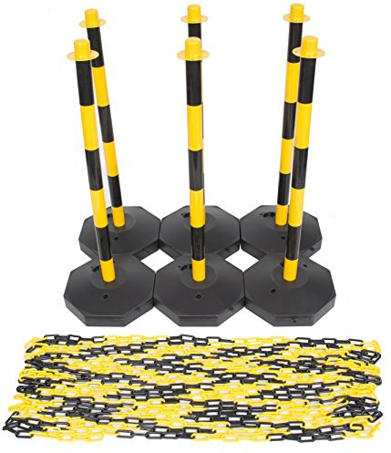 (6 Pack) Yellow & Black Plastic Chain Post Set Demarcation Safety Chain Barrier Post Pole with Base and 15mtr Plastic Chain