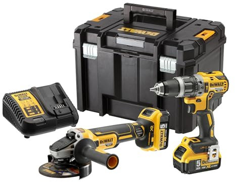 DEWALT DCK2080P2T-QW - Kit XR 18V con Taladro Percutor XR 18V DCD796, Amoladora XR 18V DCG405, 2 Baterías carril de litio 5Ah DCB184 y Maletín TSTAK II
