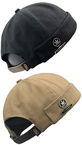 jerague 2 Piece Brimless Docker Cap Adjustable Leather Buckle Street Casual Lovers Visor-Less Sailor Skullcap Beanie Hat