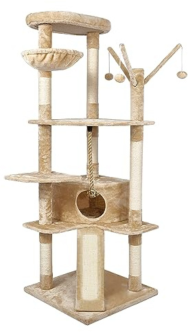 Meerveil Cat Tree - 167 cm Tower for Large Cats, Climbing Tree with Activity Platforms, 3 Pompoms, Condo, Basket & Sisal Scratching Posts, Beige