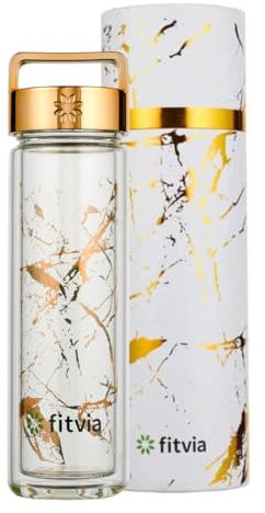 fitvia Thermoflasche Gold Marble 380 ml – isolierter Edelstahl-Trinkbecher mit doppelwandiger Verglasung, integriertem Teesieb, To-Go Behälter, für heiße und kalte Getränke